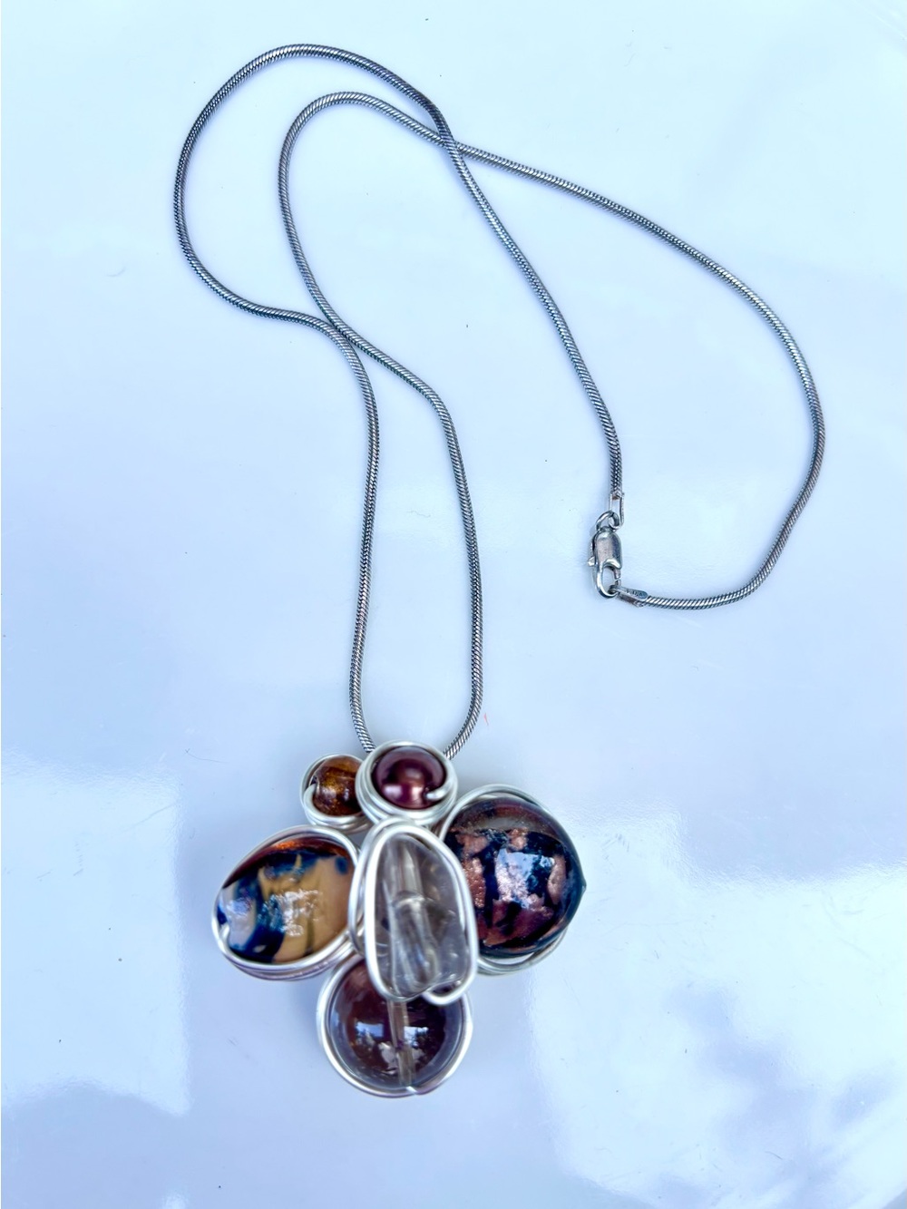 New Silver Multicoloured glass Italian Pendant Necklace
